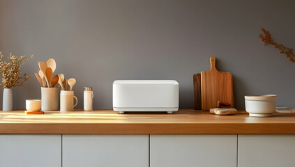 Modern microwave oven on kitchen counter with minimalist design