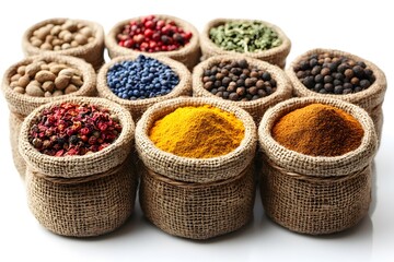 Variety of Colorful Spices in Burlap Sacks for Culinary and Gourmet Use