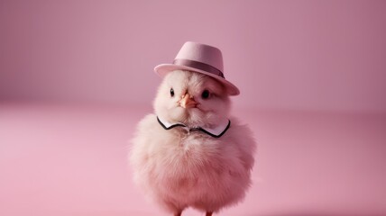 A stylish baby chick wearing a pink hat and bowtie, standing against a soft pink background, embodying charm and playfulness.