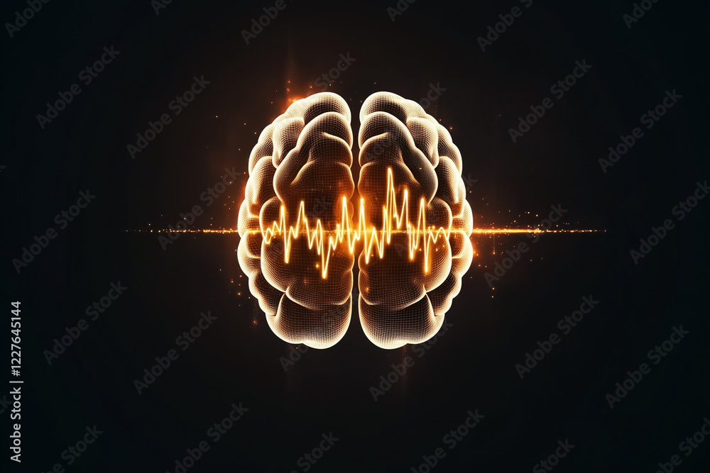 Poster a simple brainwaves symbol evolves into a sleek data line on a neutral background bathed in soft mid