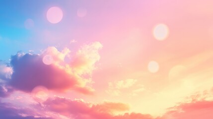 Blurred sunset sky with colorful clouds creating an abstract bokeh background featuring blue, pink, and yellow circular light patterns