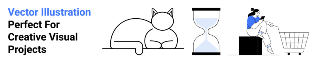 Relaxed cat, hourglass symbolizing patience, woman shopping online on mobile near cart. Ideal for e-commerce, time management, shopping habits, online business, mindfulness, concepts of waiting flat