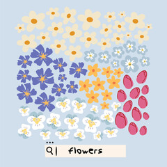 Spring flowers retro poster. Floral banner for decoration Spring events, Mother's Day, Easter. Beautiful abstract wild flowers. Cute floral art design. Spring time background