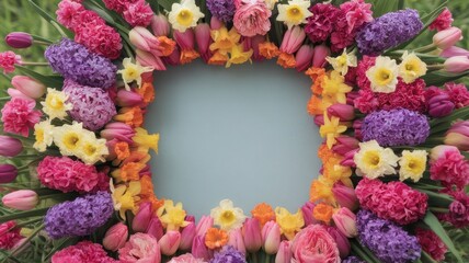 A vibrant floral frame featuring a variety of colorful blooms, including tulips, carnations, and daffodils, perfect for showcasing springtime beauty.