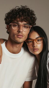Models exude confidence with their stylish glasses as they pose closely together in a minimalist studio. Their relaxed expressions highlight modern fashion and connection