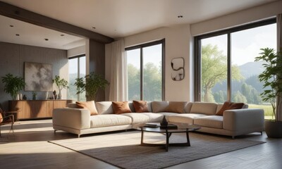 Fototapeta premium Spacious living room with comfortable couch and large window, modern furniture, cozy home, seafront living