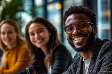 Fototapeta premium A group of young people sitting at a table smiling