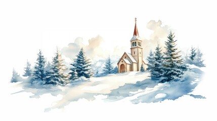 Church and winter forest covered by heavy snow.