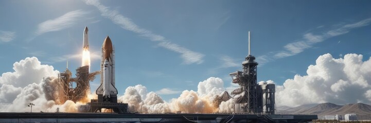Obraz premium Space shuttle lifting off from launchpad on a bright sunny day with clear blue sky and white clouds, energetic motion, launchpad, atmosphere