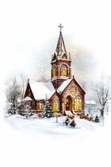 Church and winter forest covered by heavy snow.