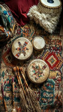 Colorful hand-drum collection displayed on a vibrant patterned rug in a cultural setting