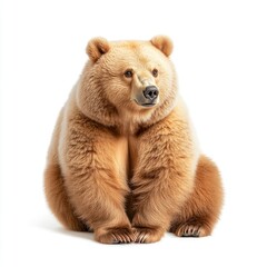 Fototapeta premium Fluffy Brown Bear Sitting Gracefully on White Background with Calm Expression and Soft Fur Texture