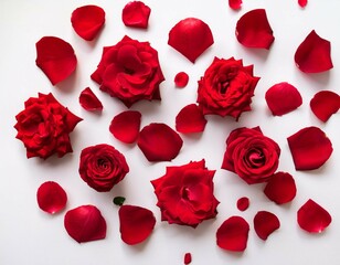 red roses and petals on white background
