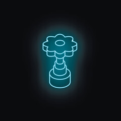 Neon blue isometric flower shaped gear rotating on a black background, concept of technology and innovation