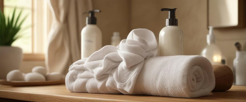 Soft white towels and bottles of lotion displayed on a spa robe, boutique, plush, cozy, bathrobe, pampering session