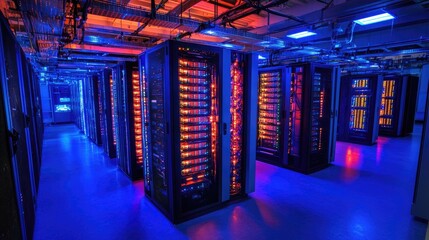 Advanced data center filled with large server racks illuminated by colorful interfaces showcasing modern technology and infrastructure.