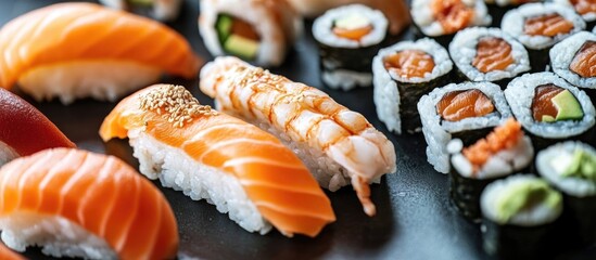 Vibrant sushi platter displaying exquisite craftsmanship and artful presentation with ample space for overlay text