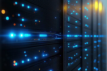 Modern Datacenter Server Rack Blue LED Lights Network Technology Computer Hardware Infrastructure Digital Data Processing