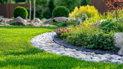 Obraz premium Lush Green Lawn with Decorative Rocks and Colorful Flowers in an Arid Landscape Setting