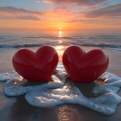 Fototapeta premium two hearts on the beach at sunset