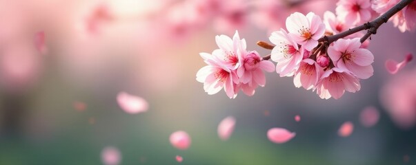 Soft pink cherry blossom petals falling from a weeping willow tree branch, spring, nature, cherry blossoms