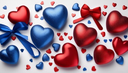 red and blue hearts and bows on white background