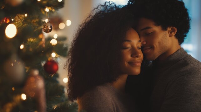 Joyful biracial couple embracing by a beautifully decorated Christmas tree in a cozy living room celebrating the holiday spirit - Powered by Adobe