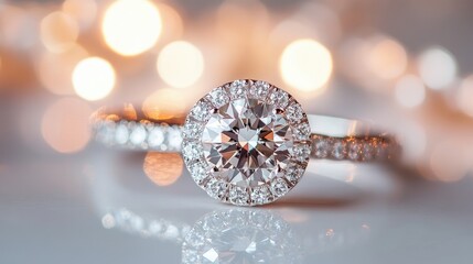 Fototapeta premium Macro shot of sparkling diamond ring showcasing intricate details and light reflections on a blurred bokeh background.