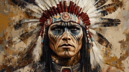Portrait of a Native American warrior showcasing elaborate headdress and body paint highlighting cultural heritage and artistry.