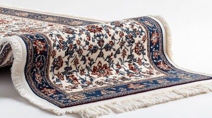 Elegant traditional rug displayed on a pristine white background highlighting intricate floral patterns and fringe details.