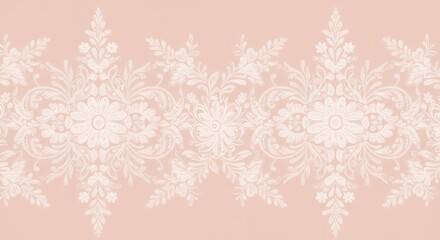 A lace-inspired floral fabric pattern with intricate flower and vine details in white on a soft blush pink background.