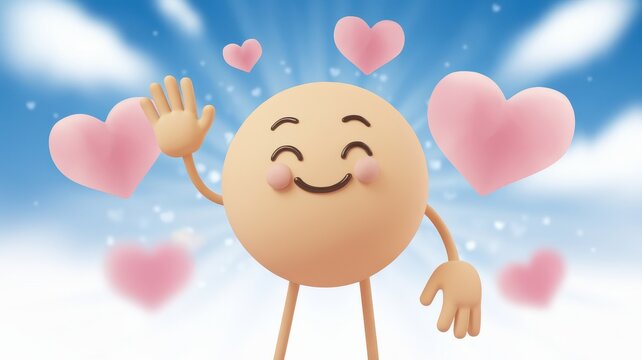 A cheerful animated character with a round face and stick limbs joyfully waving, surrounded by floating pink hearts against a bright blue sky. - Powered by Adobe
