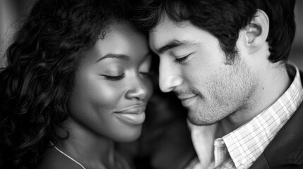 Interracial couple sharing a tender moment with intimate gazes and affectionate expressions in a romantic setting