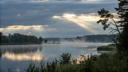 Fototapeta premium Softly glowing mist rises from a serene lake on a calm morning, dawn, peaceful, stillness