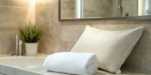 Luxurious bathroom scene featuring an elegant pillow and fogged mirror with serene ambiance and empty space for text or branding.