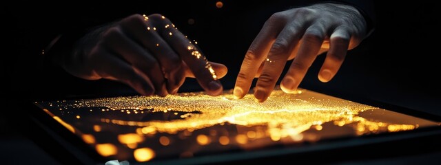 Hands engaging with a digital tablet featuring illuminated data visualization representing global connectivity and interactive technology