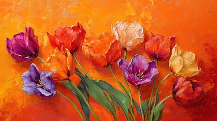 Vibrant macro shot of blooming tulip flowers against a warm orange textured background showcasing rich colors and delicate details.