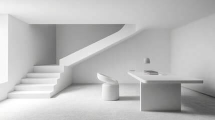 Fototapeta premium Minimalist Workspace with White Desk Chair, Carpet, and Clean Modern Wall Design