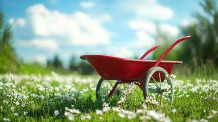 Vibrant red wheelbarrow resting in a grassy field adorned with wildflowers under a bright spring sky.