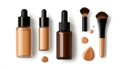 Obraz premium Liquid foundation bottles and brushes arranged on a white background showcasing beauty and cosmetics products for skincare and makeup applications