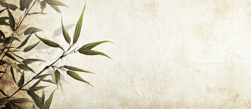 Elegant ancient Chinese calligraphy on textured rice paper with bamboo leaves and generous copy space for text or design elements
