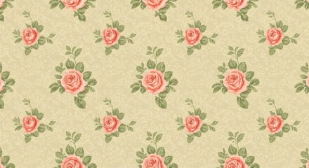 Floral fabric pattern with soft pastel roses and intricate green vines on a beige background.