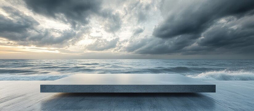 Serene Coastal Skyboard with Dramatic Cloudy Skies and Expansive Ocean View Ideal for Text Placement and Creative Projects
