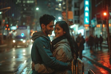 Portrait of a tender indian couple in their 30s wearing a lightweight packable anorak isolated on bustling city street at night