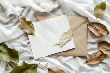 Obraz premium paper letter card envelope cloth fabric leaf maple leaves dry curtain crumple wrinkle blank empty copy space template mockup