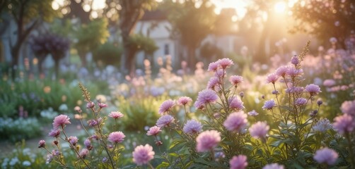 Obraz premium Soft focus bokeh of pastel flowers in a serene garden at dawn, peaceful atmosphere, bokeh