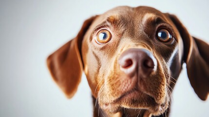 a Doberman puppy looking up with big puppy eyes, expressive and lovable, ultraHD realism, isolated on white background