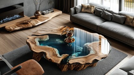 Luxury Resin Art Coffee Table in Modern Living Room Featuring Organic Design and Elegant Decor Elements