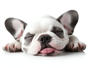 Fototapeta premium a French bulldog puppy sleeping with its tongue out, humorous and adorable, hyperdetailed, isolated on white background
