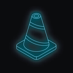 Neon blue traffic cone glowing on dark background, representing safety, warning, and construction